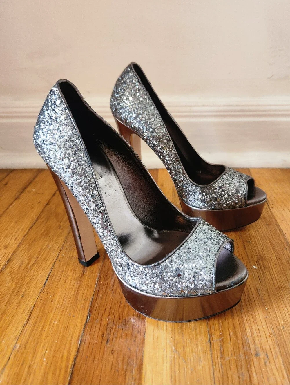 Vintage MIU MIU Platform Gunmetal Glitter Pumps Y2K